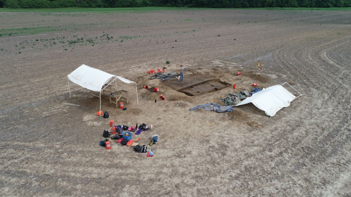 A drone photo, showing excavations of a house structure in an agricultural field at the Noble-Wieting site in 2019. The photo includes an archaeologist spraying the soil with water for photography and features some of the gear used in the excavation including tools, buckets, tents, tarps, and screening tables. Photo courtesy of John Lambert, Illinois State Archaeological Survey.